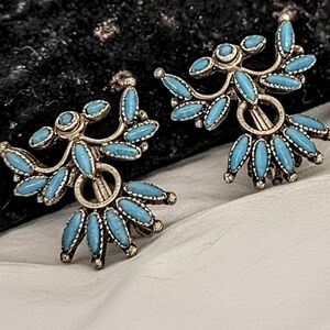 Vintage Turquoise-Style Cluster Fan Earrings | Silver Tone Statement Studs